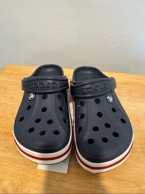 CROCS Kids Navy Blue Clogs with Red-Trim White Sole